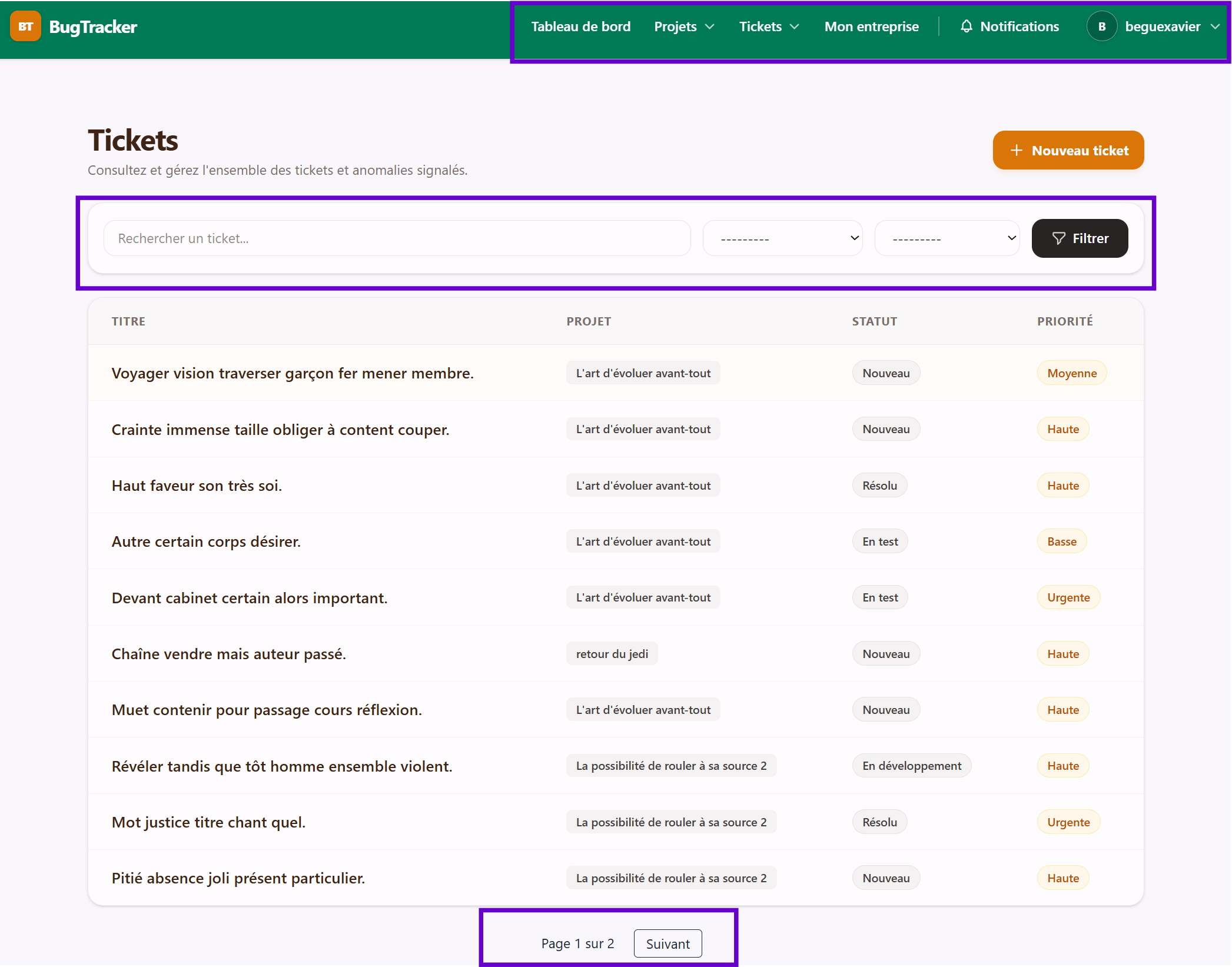 Liste des tickets du BugTracker, avec la recherche et les filtres